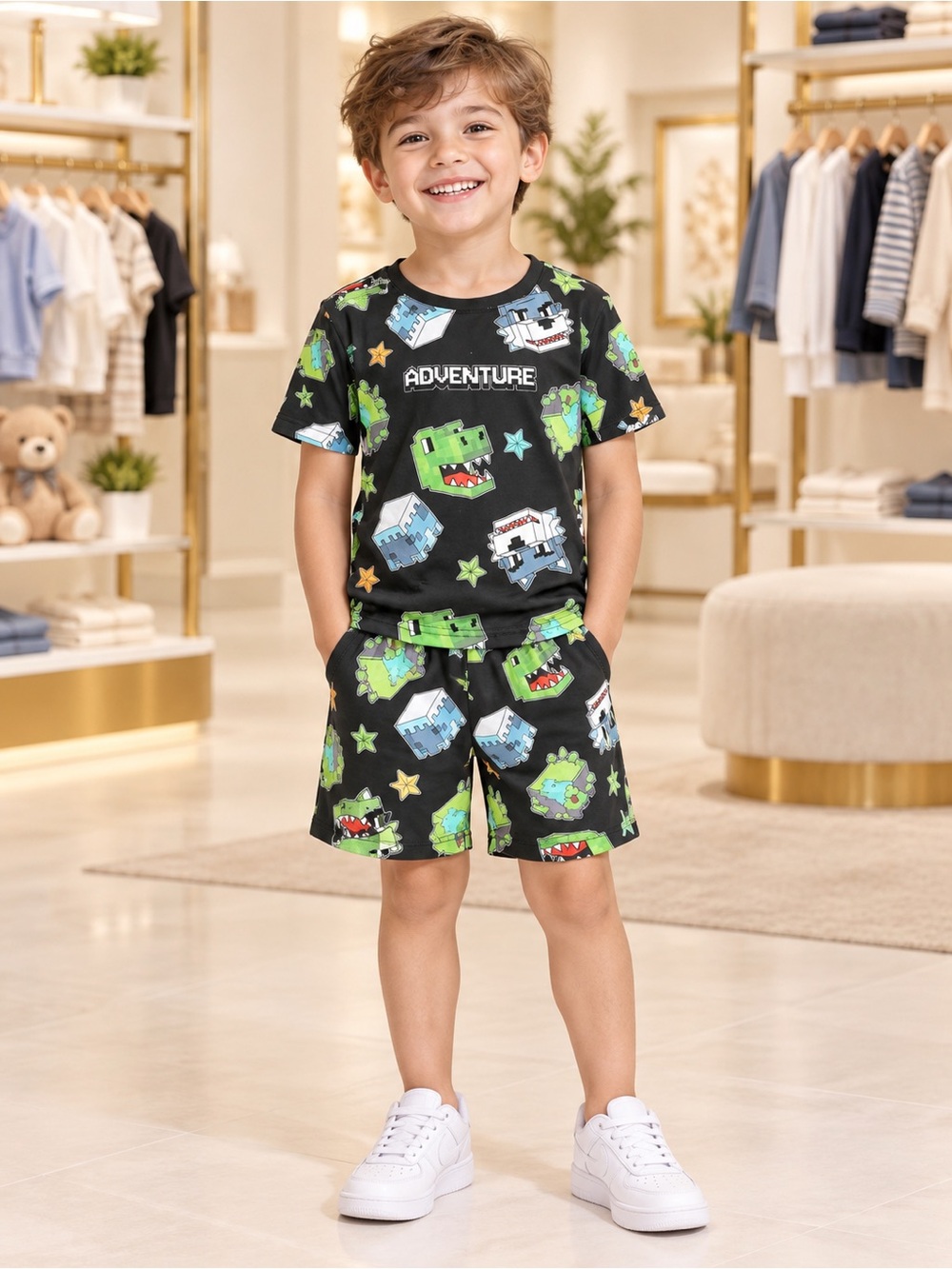 SHEIN Black Dino Adventure Print Kids Pajama Set with Green & Blue Accents